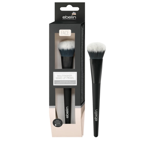 Le Pinceau de Maquillage Professionnel Multitâche 1 pièce Ebelin, avec un manche noir et des poils à pointe blanche, est photographié à côté de son emballage, qui comporte une fenêtre transparente montrant un autre pinceau identique et les détails du produit. Dakar