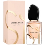 Un flacon de 30 ml de Giorgio Armani Sì Eau de Parfum pour femme et son coffret assorti, tous deux ornés d'élégantes lettres et accents dorés, et terminés par un élégant bouchon noir sur le flacon de parfum. Dakar