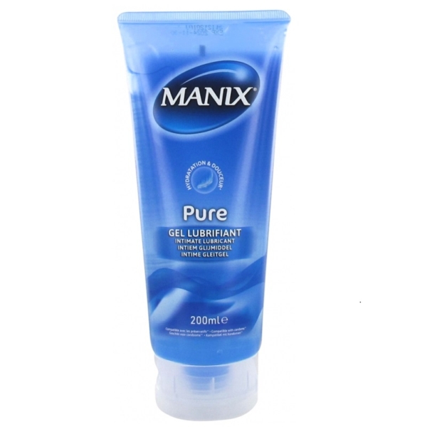 Un tube de 200ml de Manix Pure Gel Lubrifiant Intime à Base d'Eau, un gel lubrifiant intime à base d'eau, avec un texte blanc et bleu sur l'emballage. Dakar