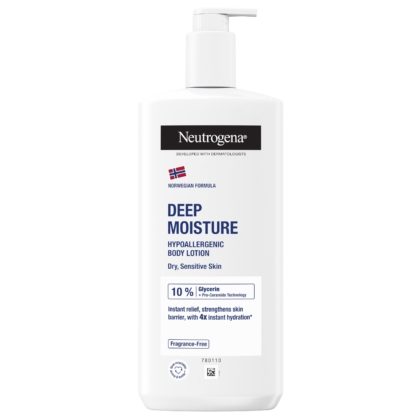 Flacon blanc de 400 ml de Neutrogena Hydratation Profonde Lait Enrichi en Huile avec pompe, pour les peaux très sèches. L'emballage est essentiellement blanc avec un texte noir et bleu. Dakar