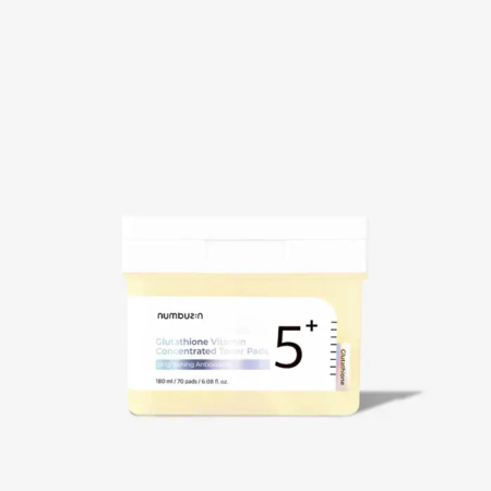 Une boîte de Numbuzin Tampon Éclaircissant Concentré de Vitamine ET Niacinamide Anti Imperfections (70 tampons), comportant une étiquette "5+", un bouchon blanc et un corps jaune clair, est présentée sur un fond blanc uni. Dakar