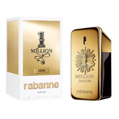 Le flacon or et noir de Paco Rabanne 1 Million Eau de Toilette pour homme 50 ml se trouve à côté de son coffret blanc et or, tous deux arborant des détails dorés sophistiqués et la signature de la marque. Dakar