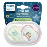 Philips Avent Sucette Ultra Air 0-6 mois Bleu clair/Vert, lot de 2 tétines avec motifs animaux, livré dans une boîte stérilisante transparente composée à 80 % de plantes. Le packaging indique un taux d'acceptation de la tétine de 98 %. Dakar