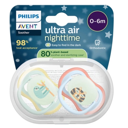 Philips Avent Sucette Ultra Air 0-6 mois Bleu clair/Vert, lot de 2 tétines avec motifs animaux, livré dans une boîte stérilisante transparente composée à 80 % de plantes. Le packaging indique un taux d'acceptation de la tétine de 98 %. Dakar