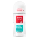 Flacon transparent de Hidrofugal Déodorant Roll On Fraîcheur Douche 50ml avec un bouchon blanc et une étiquette rouge, blanche et sarcelle, offrant une fraîcheur durable et une protection forte. Dakar