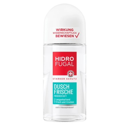 Flacon transparent de Hidrofugal Déodorant Roll On Fraîcheur Douche 50ml avec un bouchon blanc et une étiquette rouge, blanche et sarcelle, offrant une fraîcheur durable et une protection forte. Dakar