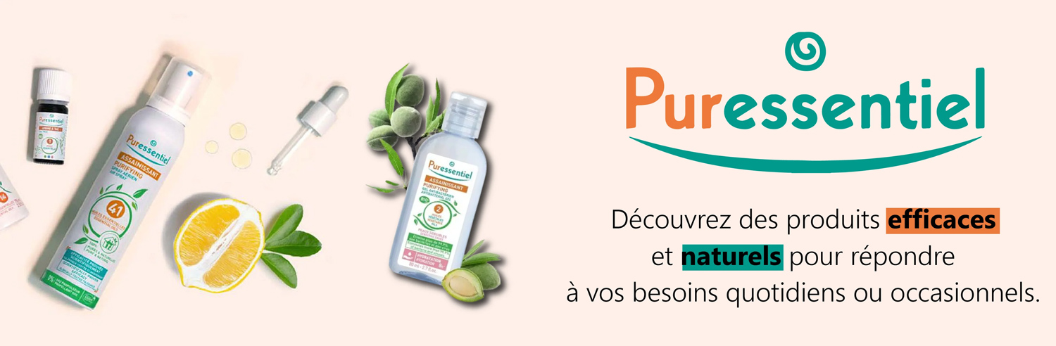 Différents produits Puressentiel, notamment des sprays, des huiles et des flacons, sont présentés avec du citron et des feuilles sur fond clair, mettant en valeur la pureté naturelle prônée par UniversCosmetix.
