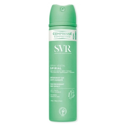 SVR SPIRIAL Spray Végétal Déodorants et Anti-Transpirants Sans Sels d'Aluminium 75 ml, dans un bidon vert avec texte blanc et vert clair, est conçu pour les peaux sensibles et offre une protection anti-humidité efficace. Dakar