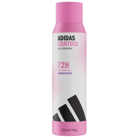 Une boîte de 150 ml d'Adidas Anti Transpirant Déodorant Spray Women Control, rose et blanche, avec des rayures noires, qui met en avant la protection contre la transpiration pendant 72 heures et le soin de la peau en douceur. Dakar