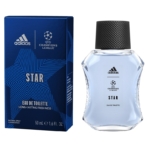 Un coffret bleu Adidas Eau de Toilette Homme UEFA STAR se trouve à côté d'un flacon transparent et facetté de 50 ml avec un bouchon noir et des étiquettes montrant le logo Adidas et le nom du produit - parfait pour les fans de parfums Adidas. Dakar