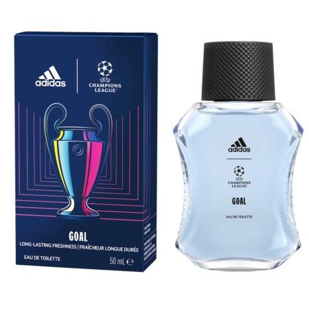 Boîte et flacon d'Adidas Eau de Toilette Homme UEFA STAR 50 ml. La boîte colorée affiche des motifs et des logos de trophées, tandis que le flacon transparent est doté d'un bouchon noir texturé avec un marquage assorti. Dakar