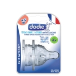 Le Lot de 2 Tétines Rondes Vitesses Débit 4 Liquide Épais DODIE est doté de tétines anti-coliques en silicone transparent à col large, idéales pour les bébés de 6 mois et plus, fabriquées en France avec trois vitesses, des accents bleus et un joli logo de lapin. Dakar