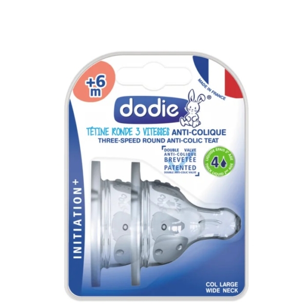 Le Lot de 2 Tétines Rondes Vitesses Débit 4 Liquide Épais DODIE est doté de tétines anti-coliques en silicone transparent à col large, idéales pour les bébés de 6 mois et plus, fabriquées en France avec trois vitesses, des accents bleus et un joli logo de lapin. Dakar