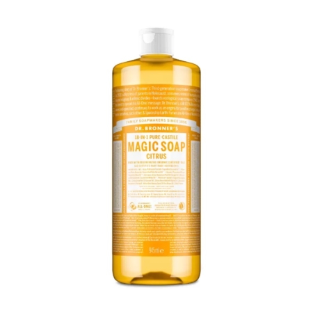 Une bouteille de 35g de Savon Naturel Pur Agrumes Orange de Dr Bronner avec un liquide jaune-orange et une étiquette orange et blanche affichant les détails du produit. Dakar
