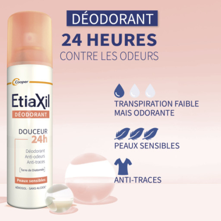 Le Déodorant ETIAXIL 48H Douceur 150 ml est représenté sur un fond rose clair avec du texte et des icônes en français, mettant en avant la protection contre les odeurs pendant 48 heures, les caractéristiques anti-taches et le soin doux pour les peaux sensibles. Dakar