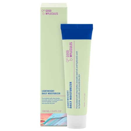 Un tube de Good Molecules Crème Hydratante Légère Non Grasse Et Base 100 ml se dresse devant sa boîte assortie, tous deux présentant un design élégant avec des accents vert clair, bleu et violet affichant les détails du produit et la marque. Dakar