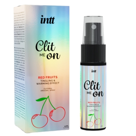 Un flacon d'INTT Spray excitant clitoris Clit me On menthe 12 ml, avec un effet de picotement et de réchauffement, est présenté à côté de sa boîte irisée avec des illustrations de menthe et une description de l'arôme de menthe. Dakar