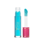 Le Juvias Brillant à Lèvres Magic PH Color Change 4,5 ml présente un brillant bleu turquoise vibrant, un tube transparent avec une marque dorée et un applicateur baguette surmonté de brillant bleu et d'un manche rose à motifs dorés. Dakar