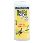 Le Petit Marseillais Crème de Douche Extra Douce Lait de Vanille Bio est un flacon de 650ml avec une étiquette jaune, une fleur blanche, des gousses de vanille, le logo français et les détails du produit. Dakar
