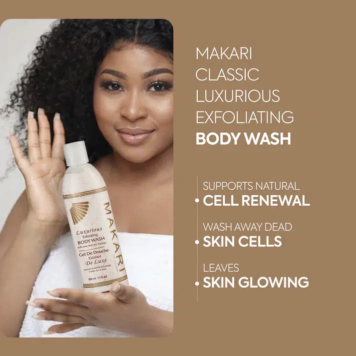 Une femme aux cheveux longs, foncés et ondulés tient Makari Classic Luxurious Exfoliating Body Wash et DODIE Lot de 2 Tétines Rondes Vitesses Débit 4 Liquide Épais. Le texte met l'accent sur l'éclat de la peau, le renouvellement naturel des cellules et l'élimination des cellules mortes. Dakar