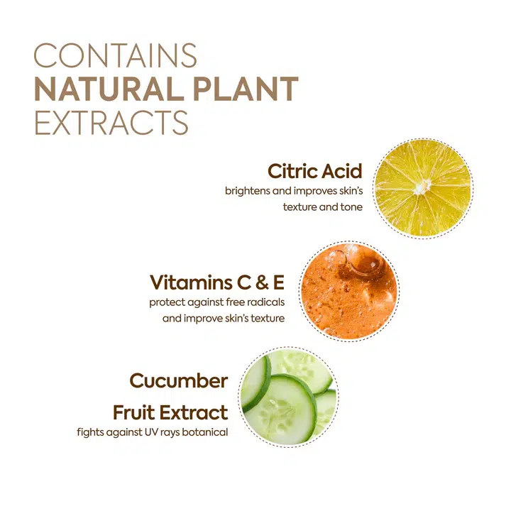 Infographie avec des tranches de citron vert, d'orange liquide, de DODIE Lot de 2 Tétines Rondes Vitesses Débit 4 Liquide Épais et de concombre, soulignant les bienfaits de l'acide citrique, des vitamines C et E et de l'extrait de concombre pour la peau et la protection contre les UV. Dakar