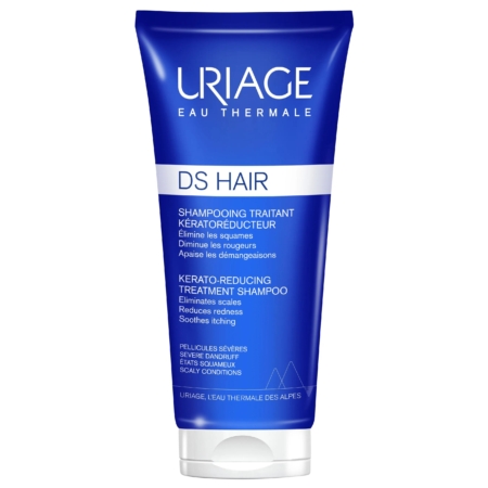 Tube bleu et blanc de 150 ml d'URIAGE DS HAIR SHAMPOOING TRAITANT KÉRATORÉDUCTEUR, avec texte en français et en anglais sur ses bienfaits pour éliminer les squames, réduire les rougeurs et apaiser les démangeaisons. Dakar