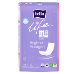 Un paquet de compresses Bella Mamma Protections Période Post-Partum, 10 pièces (34x12 cm), dans un emballage violet et rose avec une illustration de la compresse sur le devant. Dakar