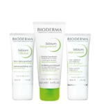 Le pack Soin Matifiant et Purifiant de Bioderma comprend Sébium Hydratant Mat Control, Gel Gommant, et Soin Global (Trousse Vert Offert), tous présentés dans des tubes blancs sur fond blanc. Dakar