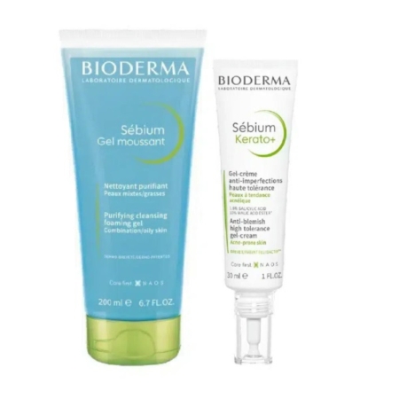 Le Duo Anti-Imperfections Bioderma Sébium Gel Moussant ET Crème Kerato + TROUSSE OFFERT, composé d'un gel moussant de 200 ml et d'un gel-crème de 30 ml, se tient debout sur un fond blanc - parfait pour les peaux mixtes ou grasses. Dakar