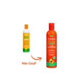 Deux flacons de Crème Activation Boucles Hydratante à l'Avocat Cantu. Le petit flacon arbore des étiquettes orange et blanche, tandis que le grand arbore un nouveau design rouge, vert et orange avec l'inscription « nouveau look ». Enrichi en Huile d'Avocat et Beurre de Karité pour une hydratation optimale. Dakar