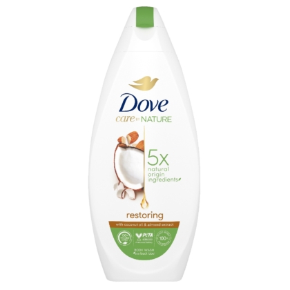 Un flacon blanc de Dove Crème Douche Advanced Care Soin Cocooning, 225 ml, contient de l'huile de noix de coco et de l'amande, avec une image de noix de coco et un texte vert soulignant "5x natural origin ingredients" (ingrédients d'origine naturelle). Dakar