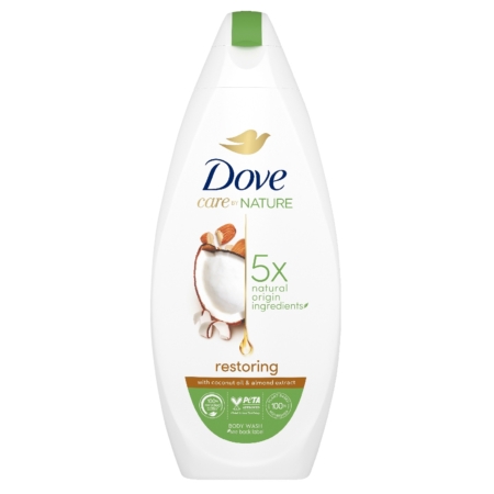 Un flacon blanc de Dove Crème Douche Advanced Care Soin Cocooning, 225 ml, contient de l'huile de noix de coco et de l'amande, avec une image de noix de coco et un texte vert soulignant "5x natural origin ingredients" (ingrédients d'origine naturelle). Dakar