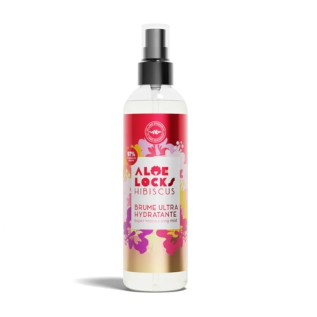 Easy Pouss Aloé Locks Brume Hydratante et Rafraîchissante 250 ml se présente sous la forme d'un flacon pulvérisateur avec une étiquette florale rouge, rose et or. Cette brume ultra-hydratante apporte une fraîcheur et une hydratation durables. Dakar