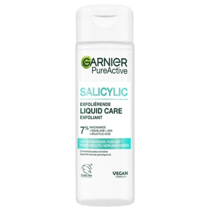 Le flacon blanc du Soin Exfoliant Liquide Salicylique Pure Active de Garnier est orné d'un texte vert et noir mettant en valeur la niacinamide à 7 %, l'acide salicylique et l'AHA. Idéal à associer au Lait Corps Hydratation Intense Peaux Sèches de Neutrogena Deep Moisture 400 ml. Vegan et non testé sur les animaux. Dakar