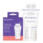 Un sachet de conservation de lait maternel Lansinoh Sachets de Conservation de Lait Maternel 25 Pièces est présenté à côté de son emballage violet et blanc, étiqueté en anglais et en français, avec les instructions de conservation pour les 25 sachets pré-stérilisés. Dakar