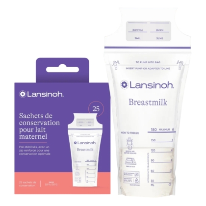 Un sachet de conservation de lait maternel Lansinoh Sachets de Conservation de Lait Maternel 25 Pièces est présenté à côté de son emballage violet et blanc, étiqueté en anglais et en français, avec les instructions de conservation pour les 25 sachets pré-stérilisés. Dakar
