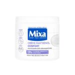 Mixa Crème Panthénol Confort Visage Corps Mains en flacon blanc de 400 ml, étiqueté en bleu et blanc, conçu pour le visage, le corps et les mains. L'emballage met en valeur sa formule nourrissante et anti-démangeaisons pour les peaux très sèches et sensibles. Dakar