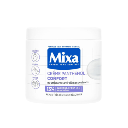 Mixa Crème Panthénol Confort Visage Corps Mains en flacon blanc de 400 ml, étiqueté en bleu et blanc, conçu pour le visage, le corps et les mains. L'emballage met en valeur sa formule nourrissante et anti-démangeaisons pour les peaux très sèches et sensibles. Dakar