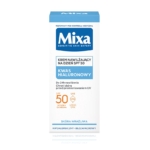 Une boîte de Mixa Crème Hydratante + Protection Solaire SPF50 Acide Hyaluronique 50 ml pour peaux sensibles, dans un emballage blanc et bleu avec un texte en polonais, offre une protection contre les UV et une hydratation pendant 24 heures. Dakar