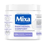 Pot blanc de Mixa Crème Panthénol Confort Visage Corps Mains 400 ml avec étiquette bleue, indiquant l'utilisation pour le visage, le corps et les mains, ainsi que les ingrédients mis en évidence : 13 % de glycérine, oméga 6 et 9, panthénol. Le texte apparaît en espagnol et en italien. Dakar