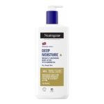 Un flacon blanc de 400 ml de Neutrogena Deep Moisture Lait Corps Hydratation Intense Peaux Sèches avec une pompe, un texte bleu et or, un graphique du drapeau norvégien et de l'huile d'amande pour les peaux sèches. Dakar