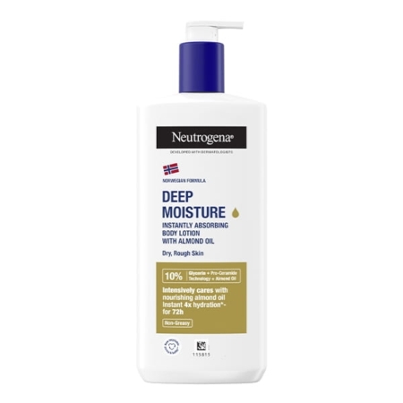 Un flacon blanc de 400 ml de Neutrogena Deep Moisture Lait Corps Hydratation Intense Peaux Sèches avec une pompe, un texte bleu et or, un graphique du drapeau norvégien et de l'huile d'amande pour les peaux sèches. Dakar