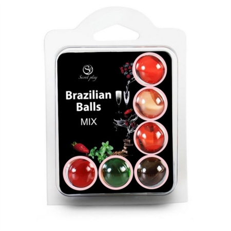 Le « Secret Play Boules Brazilian Effects Triple Effet Pack 6 Unités » comprend six capsules colorées dans un étui transparent, représentées avec des fraises, des roses et des coupes de champagne en arrière-plan. Dakar