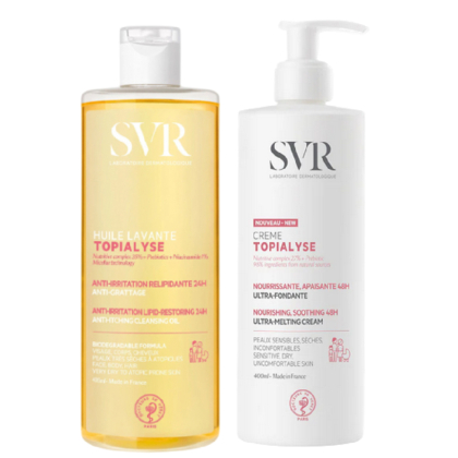 Le Duo Produits Anti Irritation : Douceur et Apaisement Crème et Huile Lavante de SVR comprend une huile et une crème nettoyantes pour nettoyer en douceur et apaiser les peaux sensibles ou irritées. Dakar