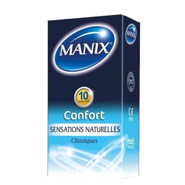 Une boîte de Manix Boîte de 10 Préservatifs Manix Confort, arborant un design avec un texte blanc sur fond bleu, est une option privilégiée à Dakar pour les personnes en quête de confort et de fiabilité. Dakar