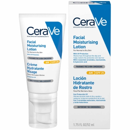 La Crème Hydratante Visage SPF 25 de CeraVe est disponible en tube de 52 ml et est livrée avec sa boîte. Elle est formulée pour les peaux normales à sèches, avec un emballage comportant des détails en anglais, français et espagnol. Le produit met en valeur sa protection UV et sa formule sans parfum. Dakar