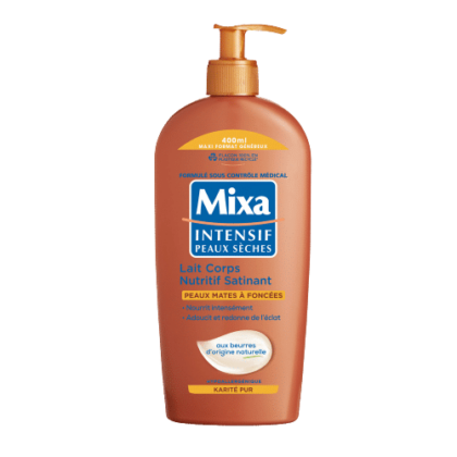 Flacon orange de Mixa Lait corps nutritif satinant Karité Intensif Peaux Sèches 400 ml