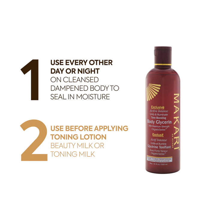 Un flacon de Makari Exclusive Body Glycerin est présenté à côté d'un flacon de Dodie Biberon Anti Colique 0 à 6 mois Bleu LAGON Plastique 270 ml, avec utilisation : appliquer un jour sur deux/nuit sur une peau propre et humide avant la lotion tonique, le lait de beauté ou le lait tonique. Dakar