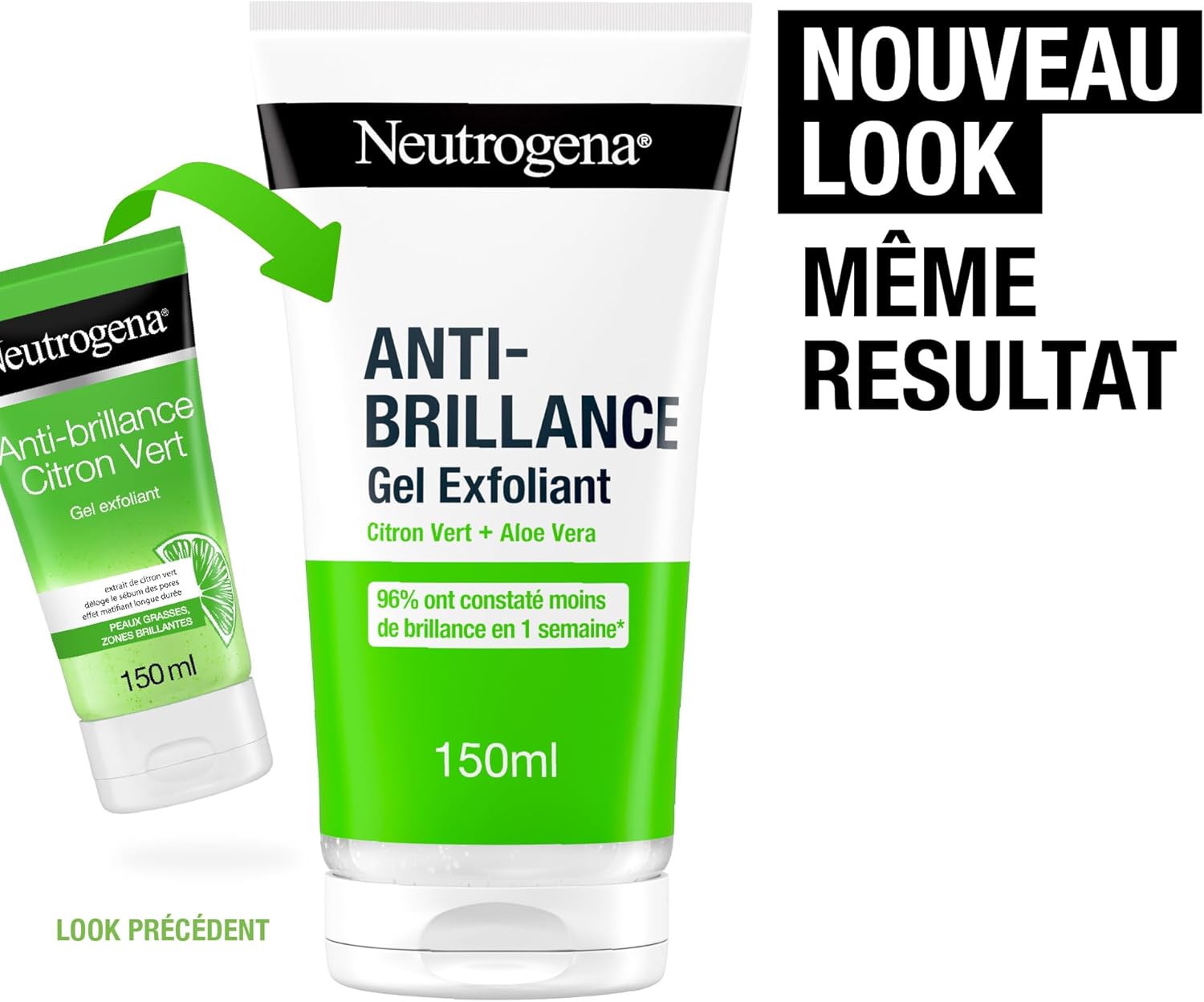 Neutrogena Citron Exfoliant Matifiante Anti-Brillance et Anti Pore Dilates 150ML est présenté avec le texte "NOUVEAU LOOK MÊME RESULTAT" et une flèche verte soulignant le changement de l'ancien au nouvel emballage. Dakar