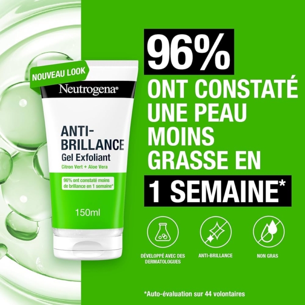 Un tube de Neutrogena Citron Exfoliant Matifiante Anti-Brillance et Anti Pore Dilates 150ML est sur fond vert avec le texte "96% ont constaté une peau moins grasse en 1 semaine" et les icônes pour dermatologist tested, anti-shine, non-greasy. Dakar